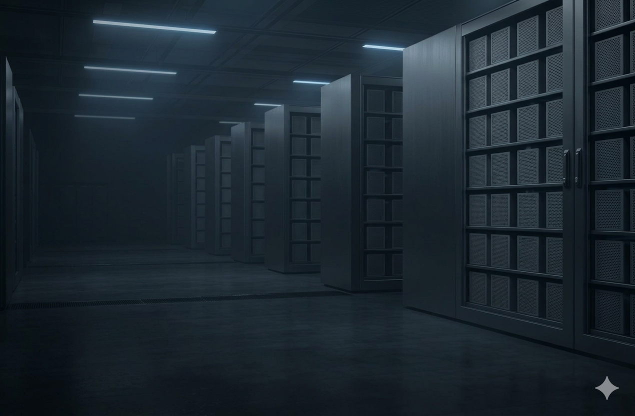 Rows of secure data-storage cabinets in a dark server room